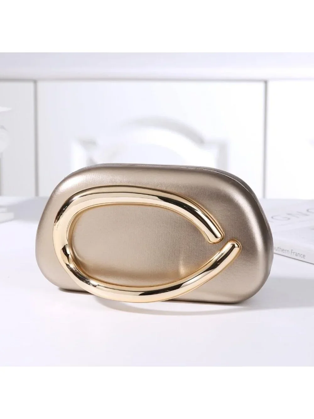 👜Women's Champagne Art Deco Clutch Gold-Tone Handle Evening Party Purse Bag